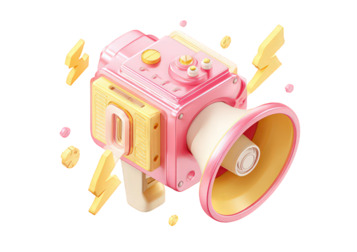 Pink Retro Megaphone 3D Render with Lightning Bolts
