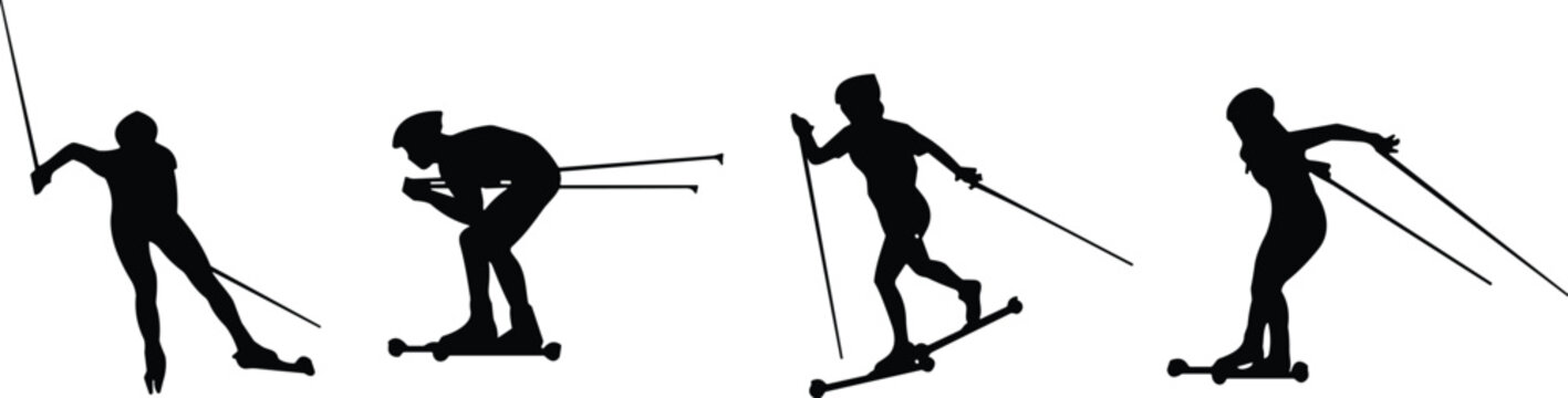 Silhouettes of roller skiers in motion, dry land training, black figures, white background, sport, posture, dynamic, fitness