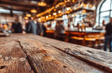 A blurry view of a bar, seen from a weathered wooden table. People are indistinct in the warm, bokeh-filled light of the background