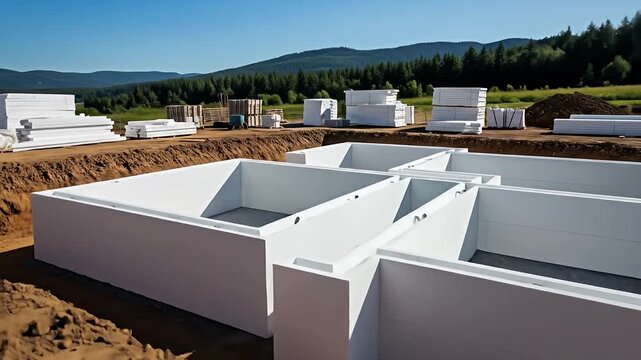 New house foundation construction site sunny day