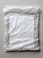 Obraz premium A crumpled, translucent plastic sheet overlays a blank, rectangular card on a neutral background. The plastic's texture is prominent, showing wrinkles and folds