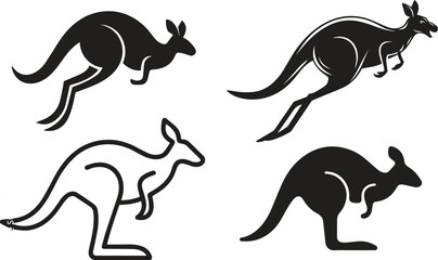 Stylized kangaroo silhouettes in motion, graphic animal design, abstract wildlife illustration, leaping kangaroo art, black and white