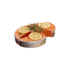 Fresh Raw Salmon Steaks with Lemon and Dill Garnish