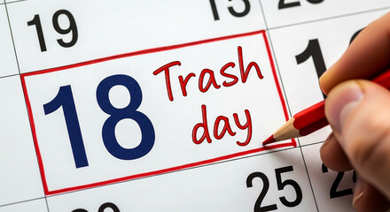 A hand uses a red pencil to circle the 18th on a calendar highlighting trash day for the month