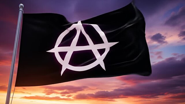 Anarchy Flag Waving Against a Dramatic Sunset Sky