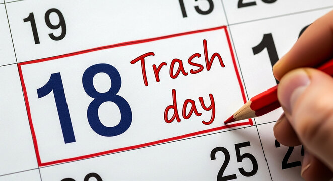 A hand uses a red pencil to circle the 18th on a calendar highlighting trash day for the month
