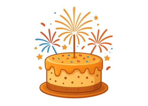 Birthday cake with fireworks isolated on transparent background - Powered by Adobe