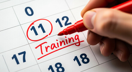 A red pencil underlines training on a calendar indicating a scheduled educational or skillbuilding event