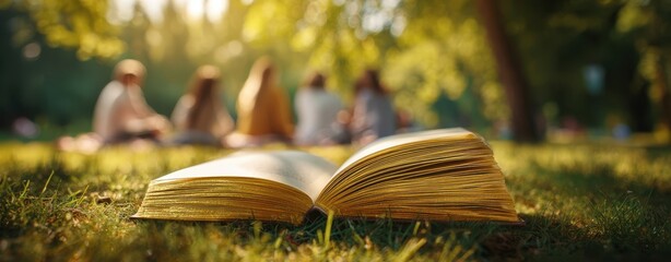 The open book resting on the grass during a sunny day with friends gathering.
