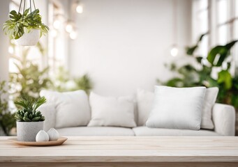Naklejka premium Bright, airy living room interior with a light wood table and white sofa, accented by lush green plants and soft, natural lighting