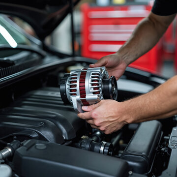 Close-up on technician hands installing a new car alternator into engine bay. Precision automotive repair and maintenance service performed in garage workshop with tools.