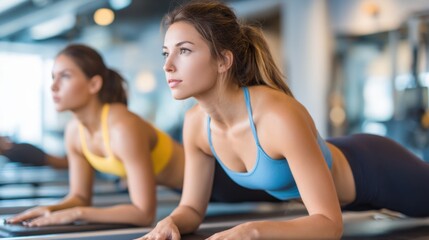 Fototapeta premium Two women are engaged in core strengthening exercises at a well-lit gym. They focus intently on their movements, showcasing determination and teamwork during the fitness class.