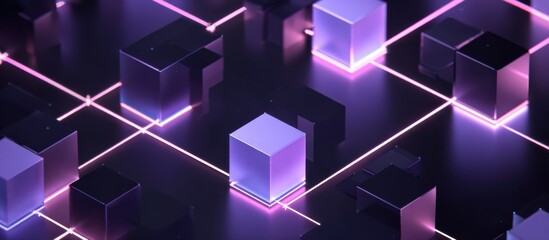 Abstract 3D render of interconnected cubes in shades of purple and black, illuminated by neon pink/violet lines