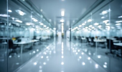 A blurred, long, modern office hallway with glass-walled rooms on either side, lit by bright overhead lights, creating a bokeh effect on the shiny floor