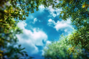 Fototapeta premium Looking up through the canopy of trees, a bright blue sky with scattered clouds forms a natural frame, evoking a sense of peace and serenity