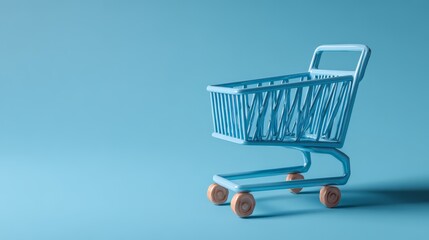 A stylized shopping cart with wooden wheels against a bright background.