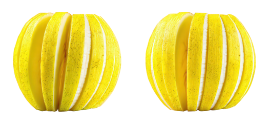 Two Yellow Citrus Fruits Sliced Vertically on Black Background