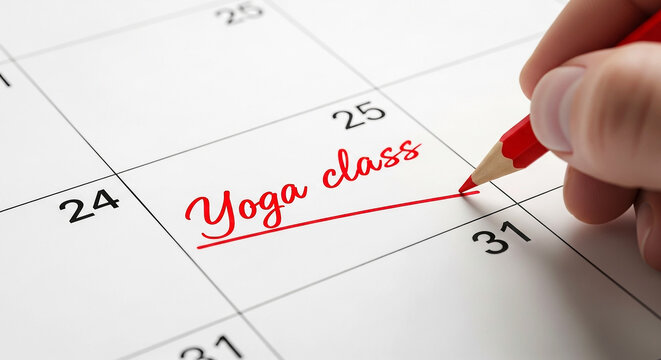 A red pencil marks yoga class on a calendar scheduling a wellness activity for the week