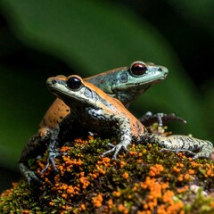 Fototapeta premium Two frogs on mossy log