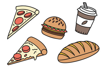 Food Icon Set &ndash; Pizza, Burger, Coffee, Ice Cream & Bread
