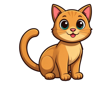 Playful Cartoon Cat Sitting with Curled Tail and Cute Expression, Isolated PNG Illustration for Pet-Themed Design