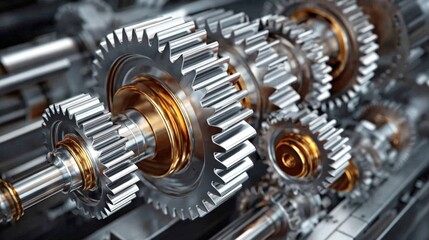 Numerous metallic gears interlocked and arranged in a precise manner highlight the complexity of machinery