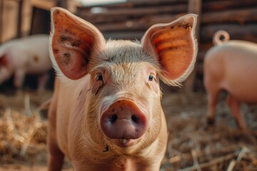 High Resolution Image of Selective Closeup Shot of Pink Pigs in a Barn