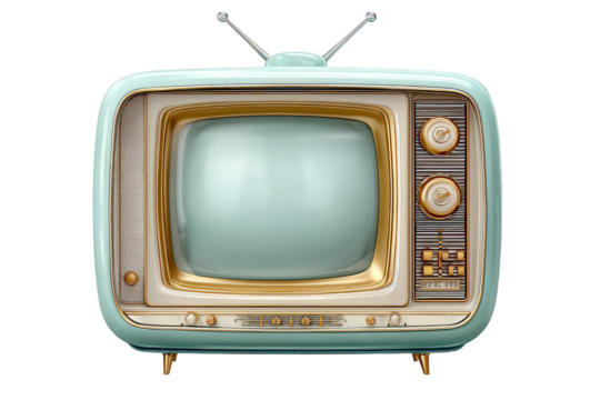 Retro Light Green and Gold Television Set on Transparent Background