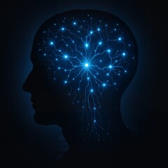 Obraz premium Abstract silhouette of a man with glowing neural network connections in his brain, representing intelligence. AI concept for machine learning science.