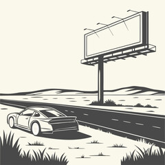 Black and White Illustration of a Car Driving Past a Billboard on a Desert Road