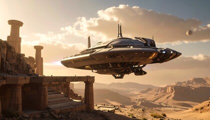A futuristic spacecraft hovers over ancient ruins in a desert landscape, bathed in warm sunlight