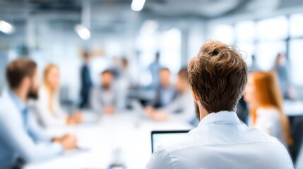 Back view of a man in a white shirt in a meeting, blurry group around a table in a bright office setting. People collaborating