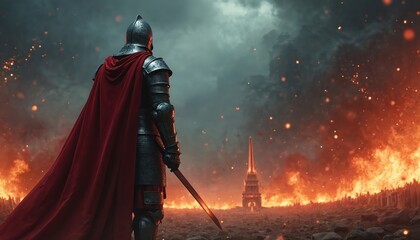Medieval knight in red cloak stands on battlefield facing fiery destruction. Armored warrior with sword overlooks chaotic scene of flames, smoke, dramatic stormy sky above. Epic fantasy combat