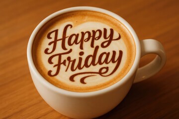 Elegant Latte Art with Happy Friday Greeting in White Ceramic Cup