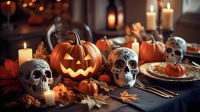 The video shows a festive table set for Halloween. In the center of the composition is a glowing jack-o-lantern, surrounded by decorative skulls with D&iacute;a de los Muertos-style patterns and small pumpki