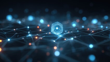 Abstract digital network with glowing hexagon