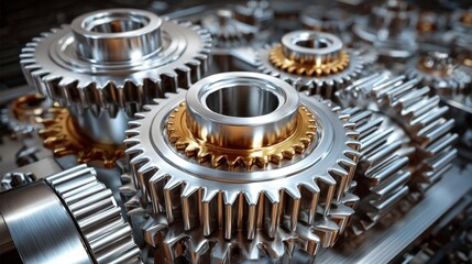 Fototapeta premium Numerous metallic gears interlocked and arranged in a precise manner highlight the complexity of machinery