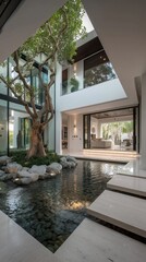 double height courtyard interior, modern, luxury architecture, water body and landscaping in entry foyer of home with garden