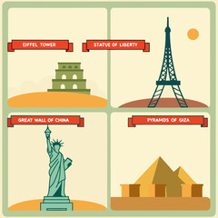 Iconic World Landmarks Collage: Flat Minimalist Illustration