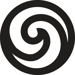 A stark black and white abstract circular spiral design with a modern and minimalist aesthetic on a clean white background