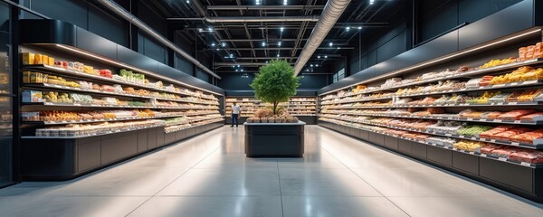 Wide supermarket interior, showcasing neatly organized shelves stocked with groceries and food items. Modern, clean, and bright retail environment with clear aisles and contemporary lighting.