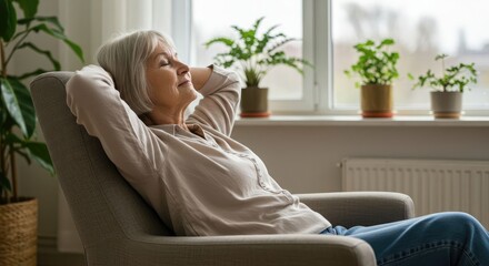Peaceful Indoor Senior Woman Relaxing In Armchair At Home