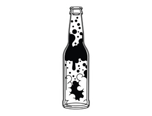 Illustration of a beer bottle with foam and bubbles on a blue background
