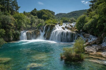 Fototapeta premium Serene waterfall cascading into turquoise pool, lush greenery surrounds