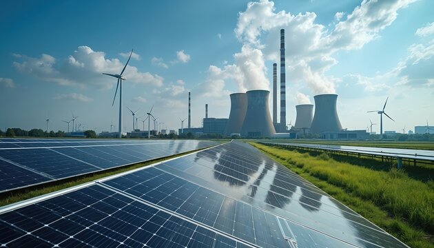 Power plant with solar panels, wind turbines alongside industrial cooling towers emitting steam under blue sky. This scene contrasts renewable energy sources with traditional fossil fuel generation.