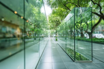 Glass walls frame a walkway lined with lush trees, reflecting and distorting the natural scene within a modern architectural setting