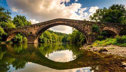 Fototapeta premium An ancient stone bridge gracefully arches over a serene river reflecting the puffy clouds. 