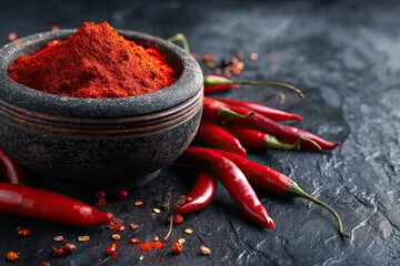 A dark bowl overflows with vibrant red chili powder, nestled beside a cluster of fresh red chilies and peppercorns on a dark slate surface