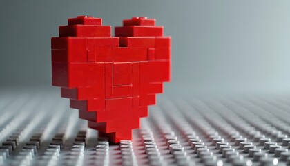Red heart built from toy bricks. Symbol of love and romance crafted with interlocking plastic blocks. Ideal for Valentine Day or expressing affection. Festive, celebratory, joyful build.