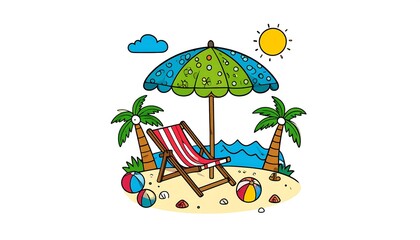 A colorful beach scene with an umbrella and lounge chair
